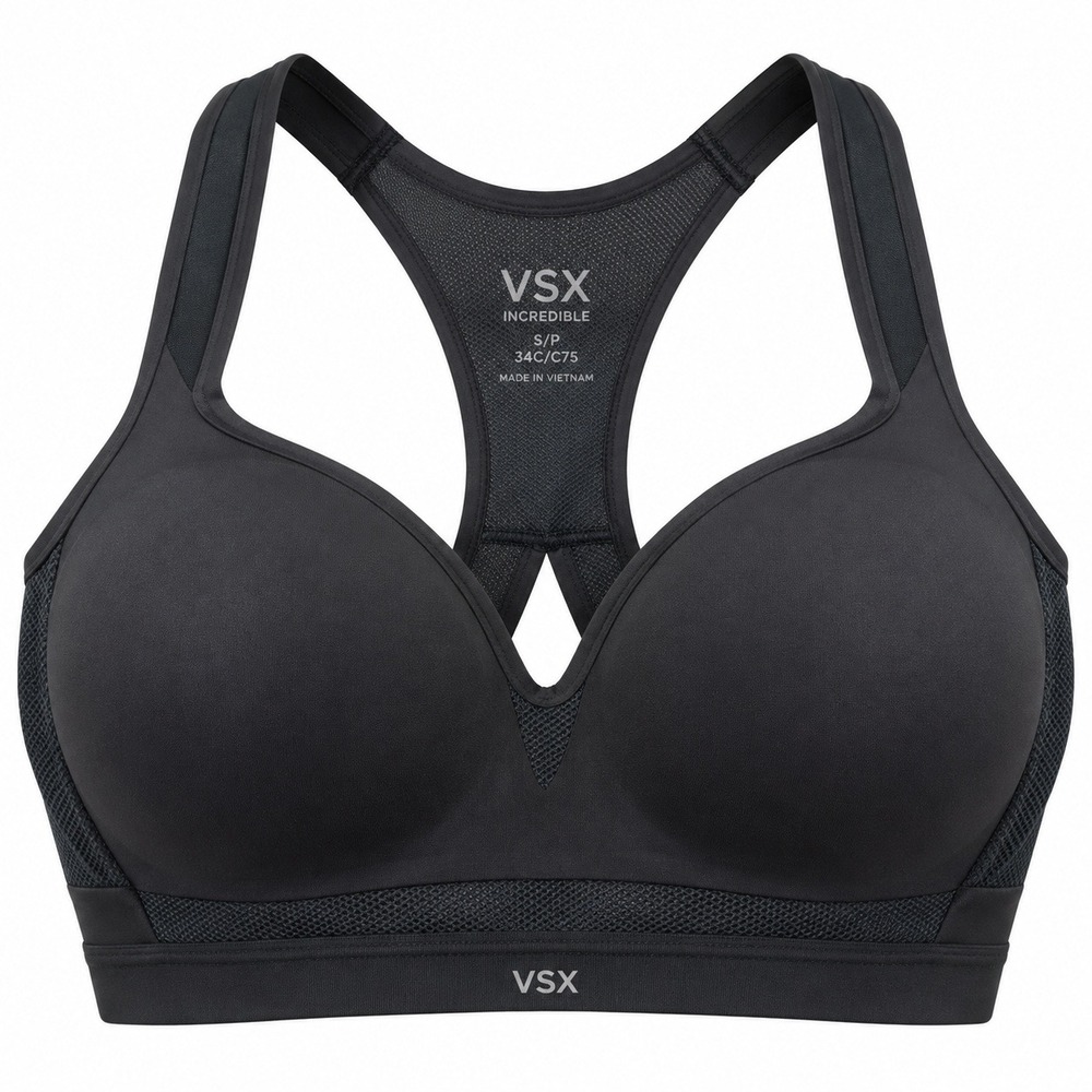 VSX Victoria's Secret Sports Bra 34C Black Incredible Plunge Racerback Mesh Gym